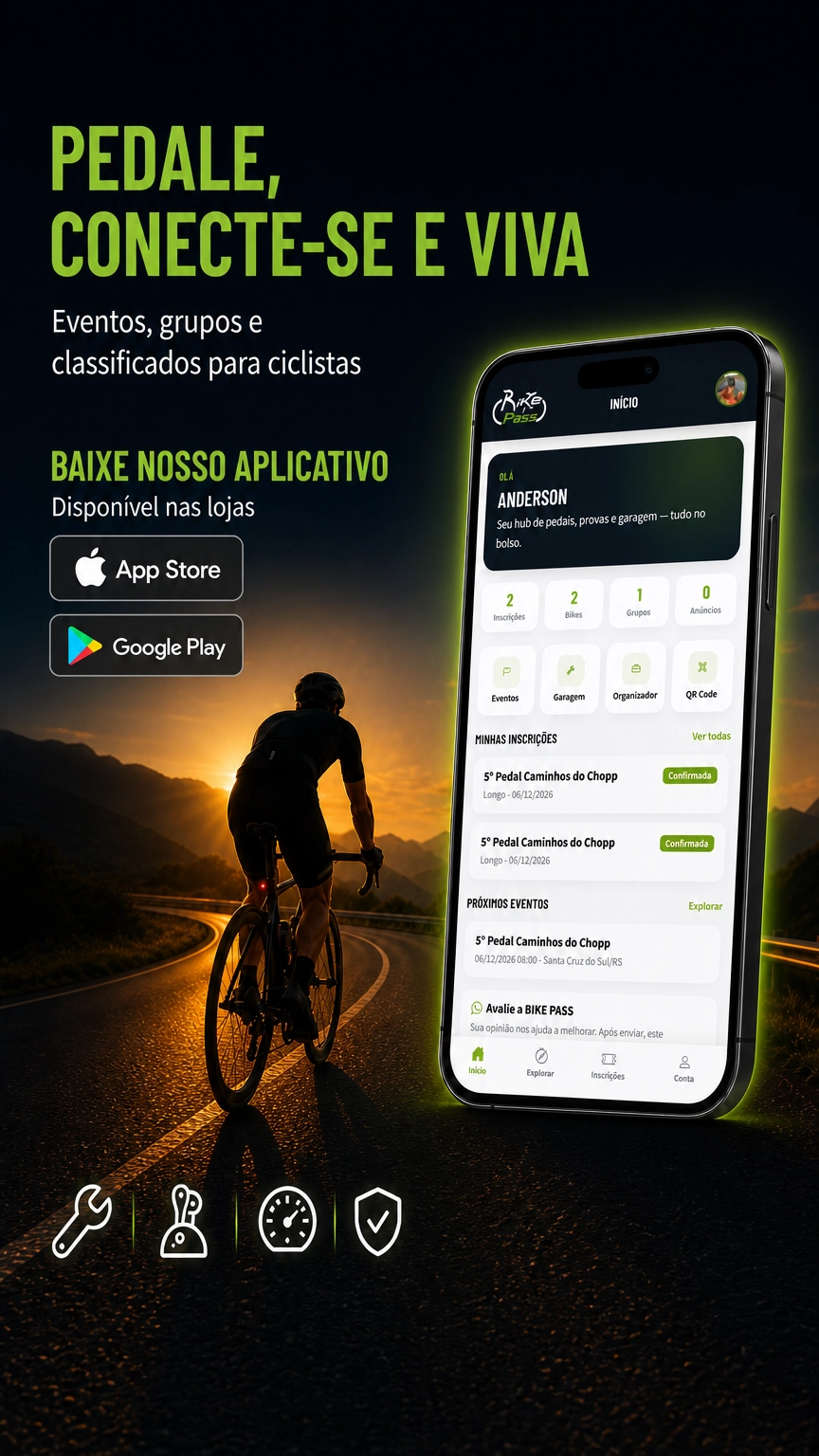 Mockup do aplicativo BIKE PASS em um celular, com ciclista ao fundo