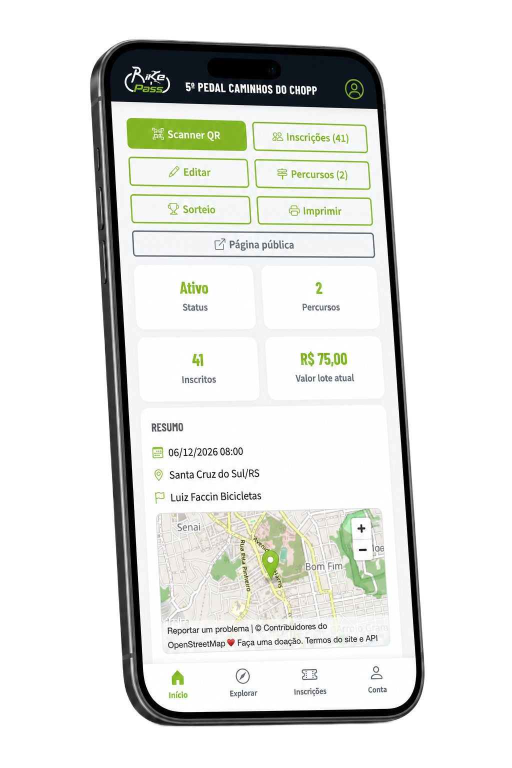 Mockup do aplicativo BIKE PASS no celular, com atalho Organizador na tela inicial