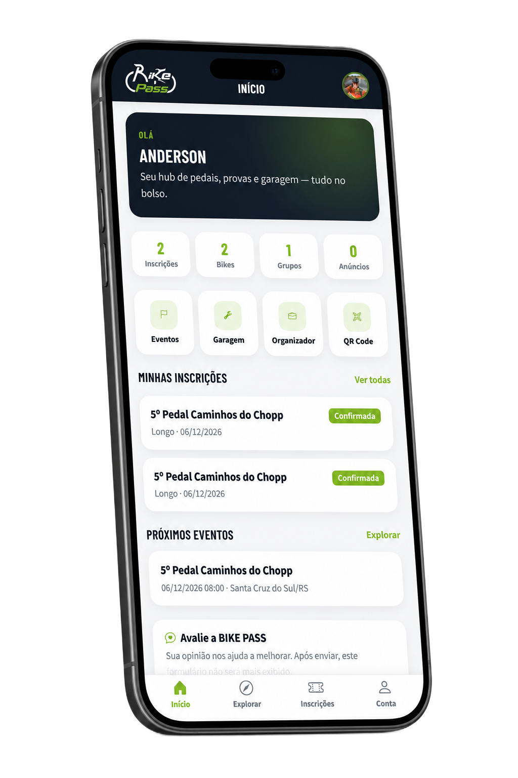 Mockup do aplicativo BIKE PASS no celular, com a tela inicial do hub de pedais