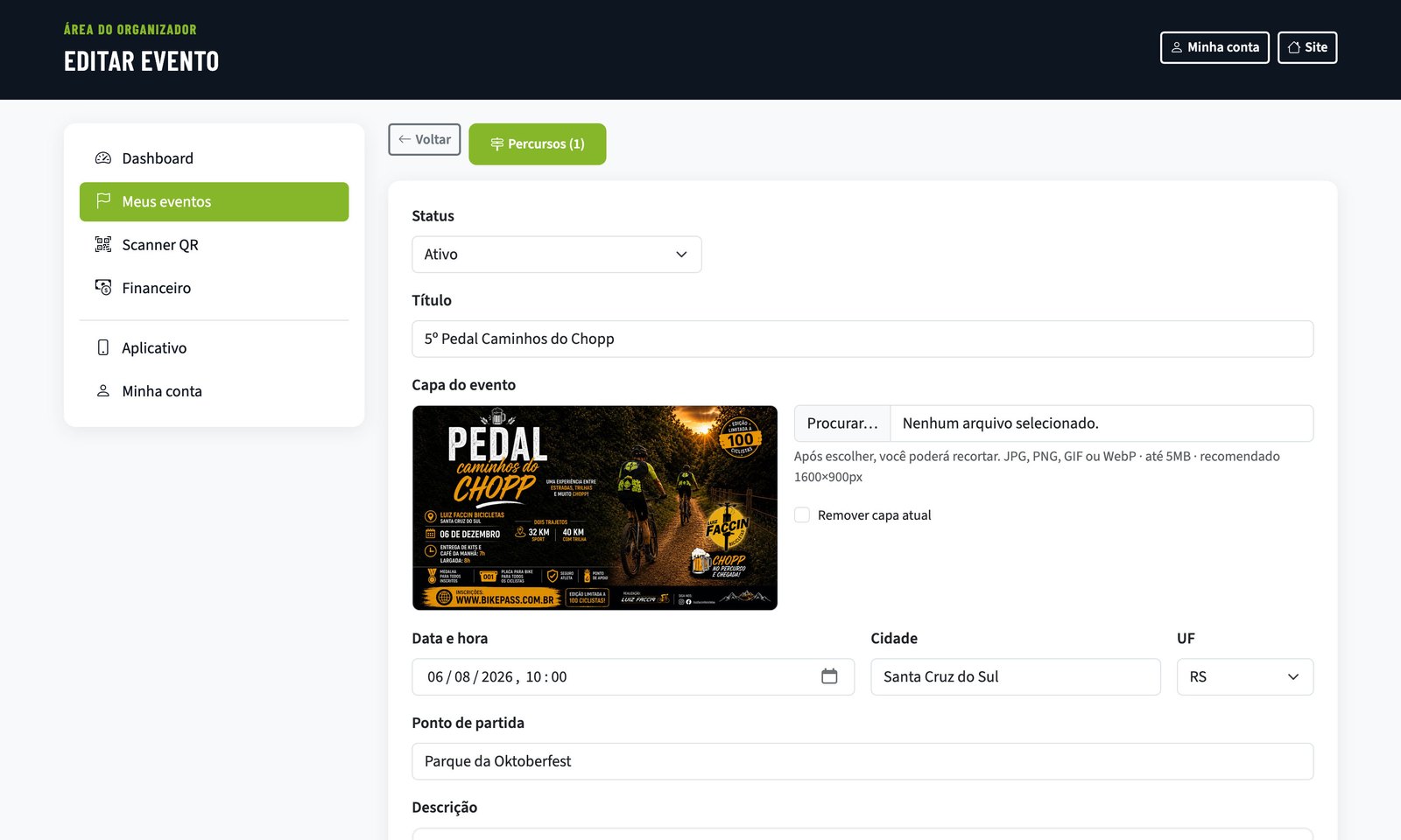 Tela Publicar evento do painel do organizador BIKE PASS